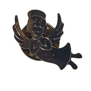 Vintage Guardian Angel Praying Gold Tone Religious Lapel Pin Brooch